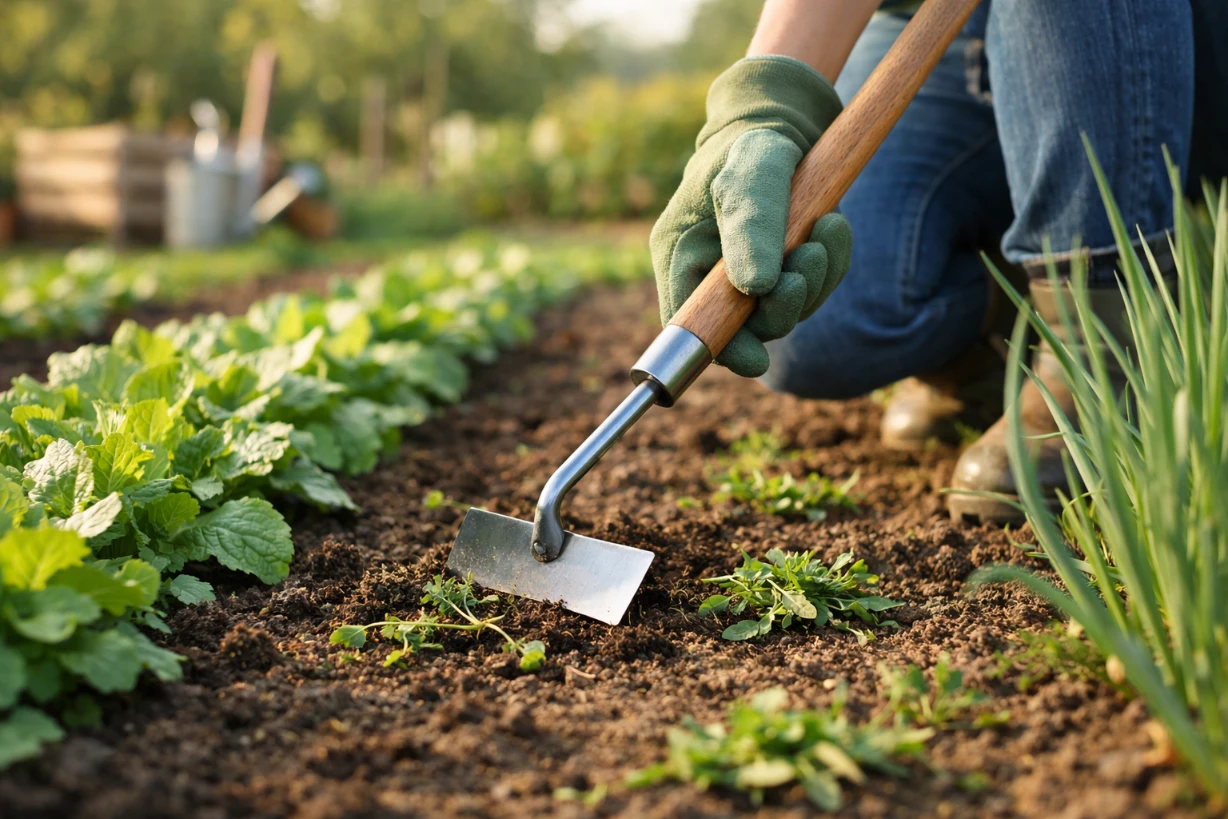 Jardinier utilisant un schoffeltuig pour désherber entre rangées de plantes au jardin verdoyant.