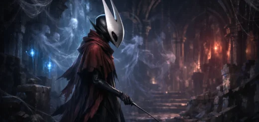 Guerrier masqué insectoïde dans une cathédrale sombre aux fils de soie mystiques.