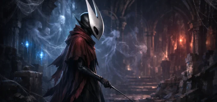 Guerrier masqué insectoïde dans une cathédrale sombre aux fils de soie mystiques.