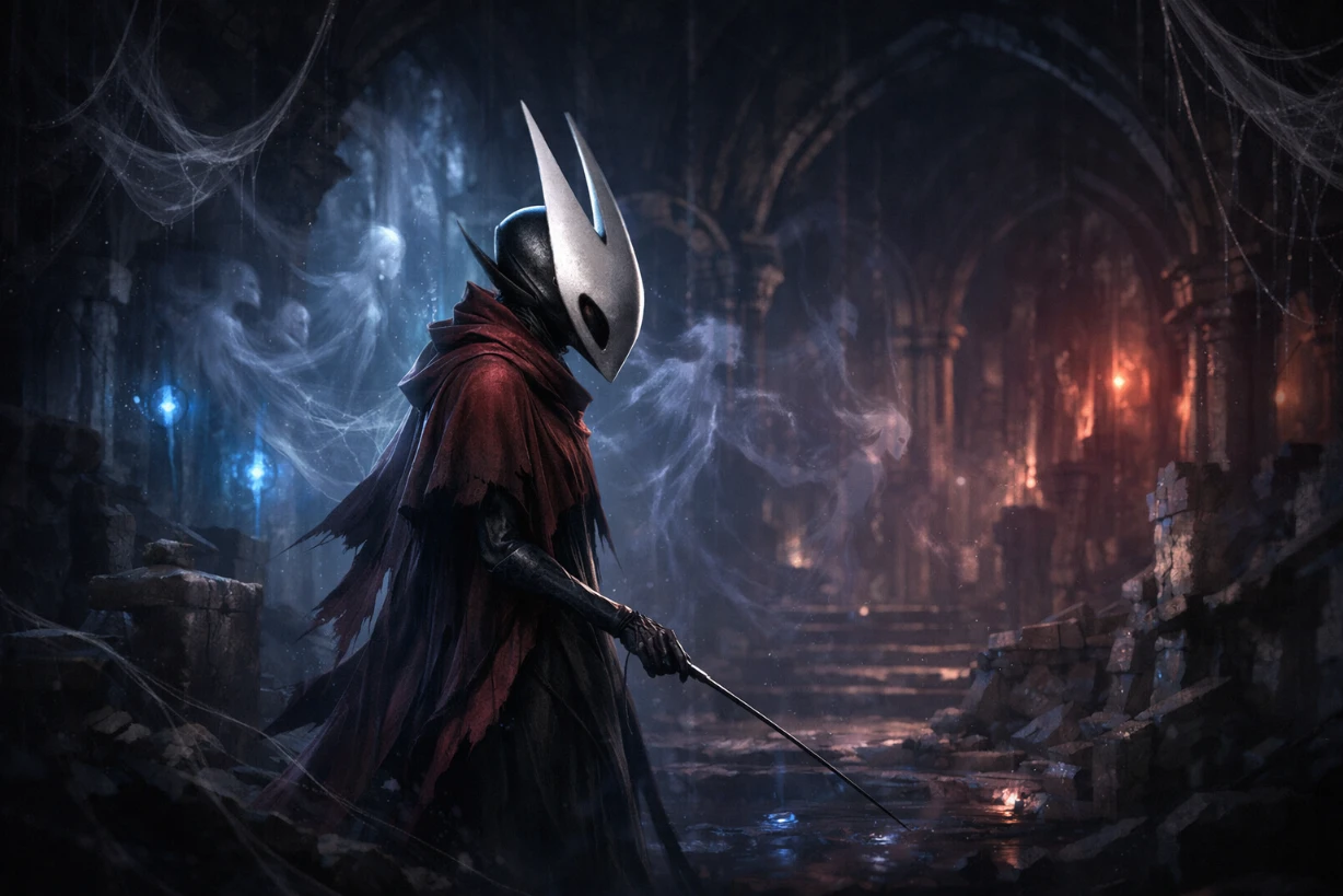 Guerrier masqué insectoïde dans une cathédrale sombre aux fils de soie mystiques.