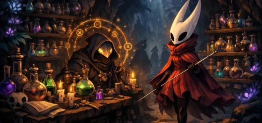 Héroïne insecte masquée dans un atelier d’alchimiste souterrain aux lueurs mystiques colorées.