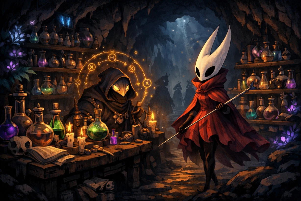 Héroïne insecte masquée dans un atelier d’alchimiste souterrain aux lueurs mystiques colorées.