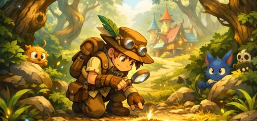 Aventurier cartoon explorant une forêt magique, observant un petit indice mystérieux.