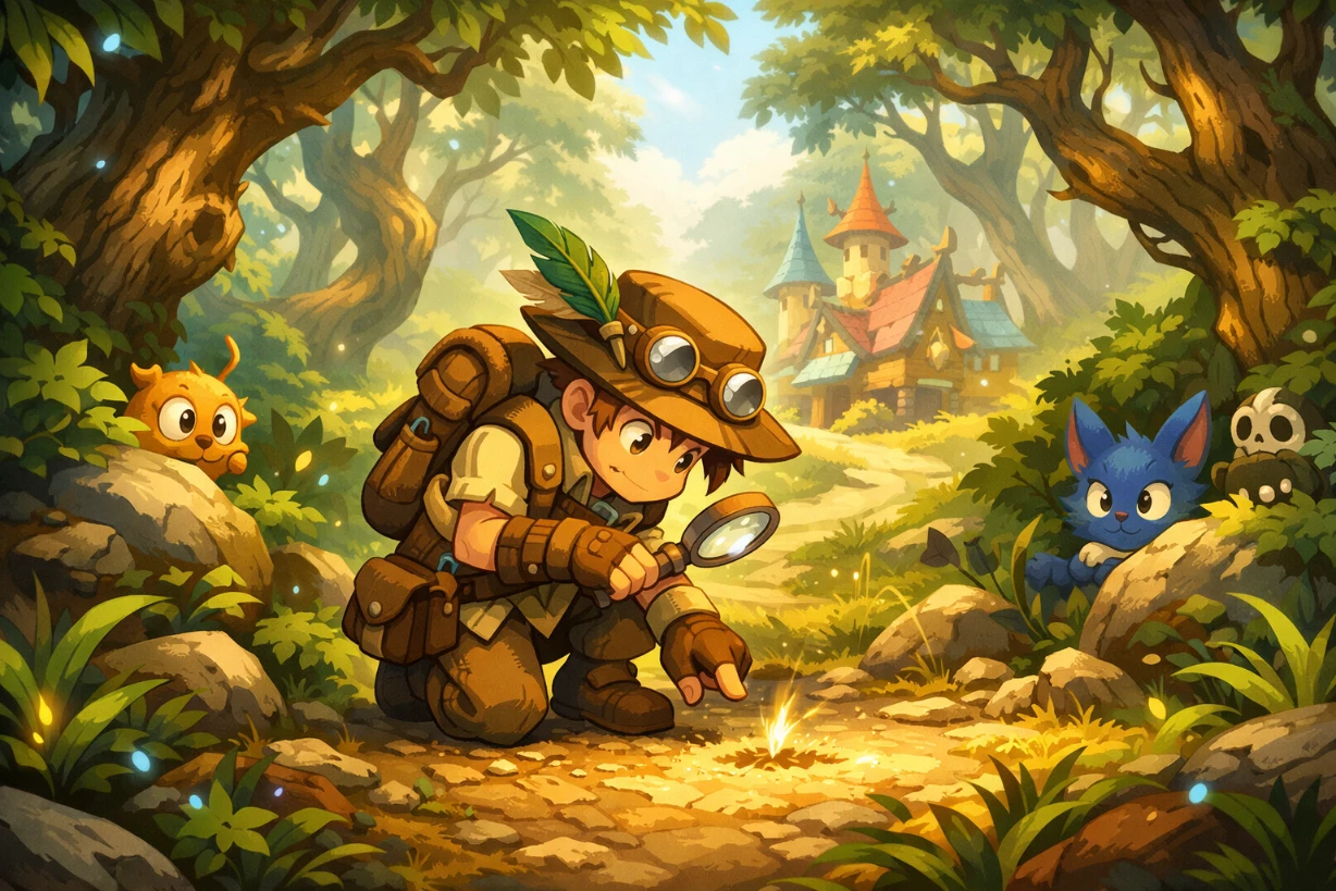 Aventurier cartoon explorant une forêt magique, observant un petit indice mystérieux.
