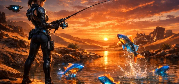 Guerrière futuriste pêchant dans une oasis au cœur des dunes désertiques avec poissons lumineux.