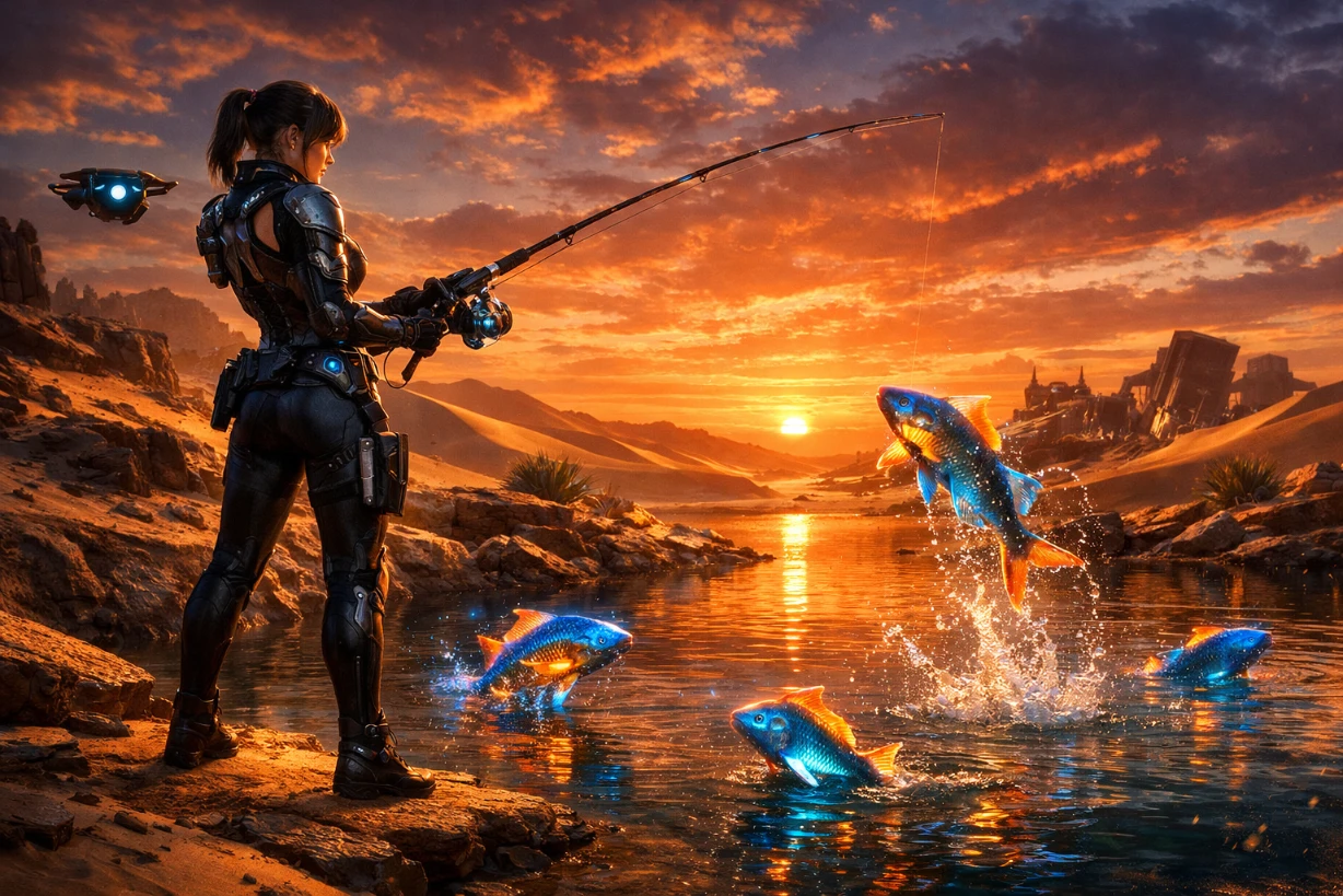 Guerrière futuriste pêchant dans une oasis au cœur des dunes désertiques avec poissons lumineux.