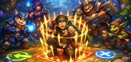 Aventurier piégé par sa propre stratégie, entouré d’ennemis dans une arène magique colorée et dynamique.