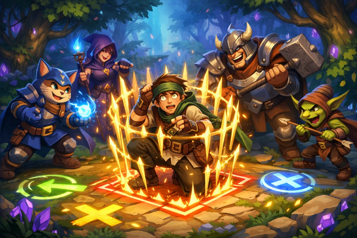 Aventurier piégé par sa propre stratégie, entouré d’ennemis dans une arène magique colorée et dynamique.