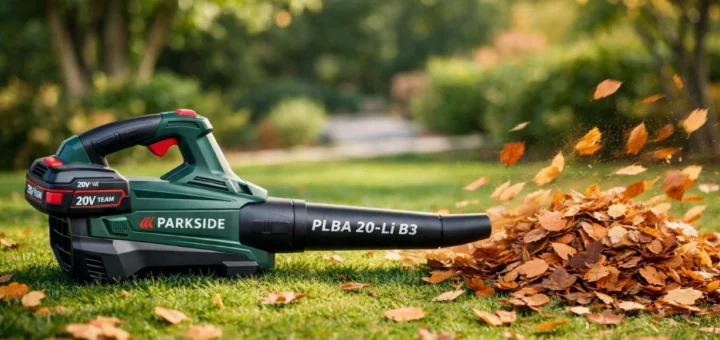 Souffleur de feuilles sans fil Parkside PLBA 20-Li B3 en action sur une pelouse avec feuilles d'automne.