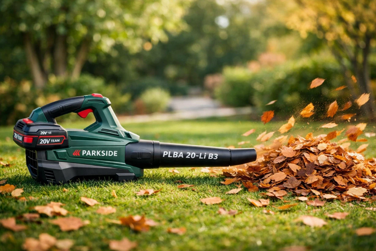 Souffleur de feuilles sans fil Parkside PLBA 20-Li B3 en action sur une pelouse avec feuilles d'automne.