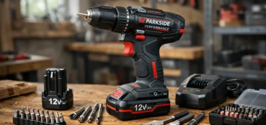 Perceuse-visseuse sans fil Parkside 12 V avec accessoires sur établi d’atelier, test produit bricolage.