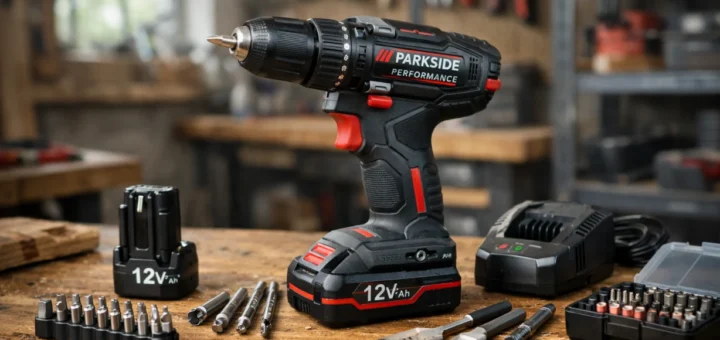 Perceuse-visseuse sans fil Parkside 12 V avec accessoires sur établi d’atelier, test produit bricolage.