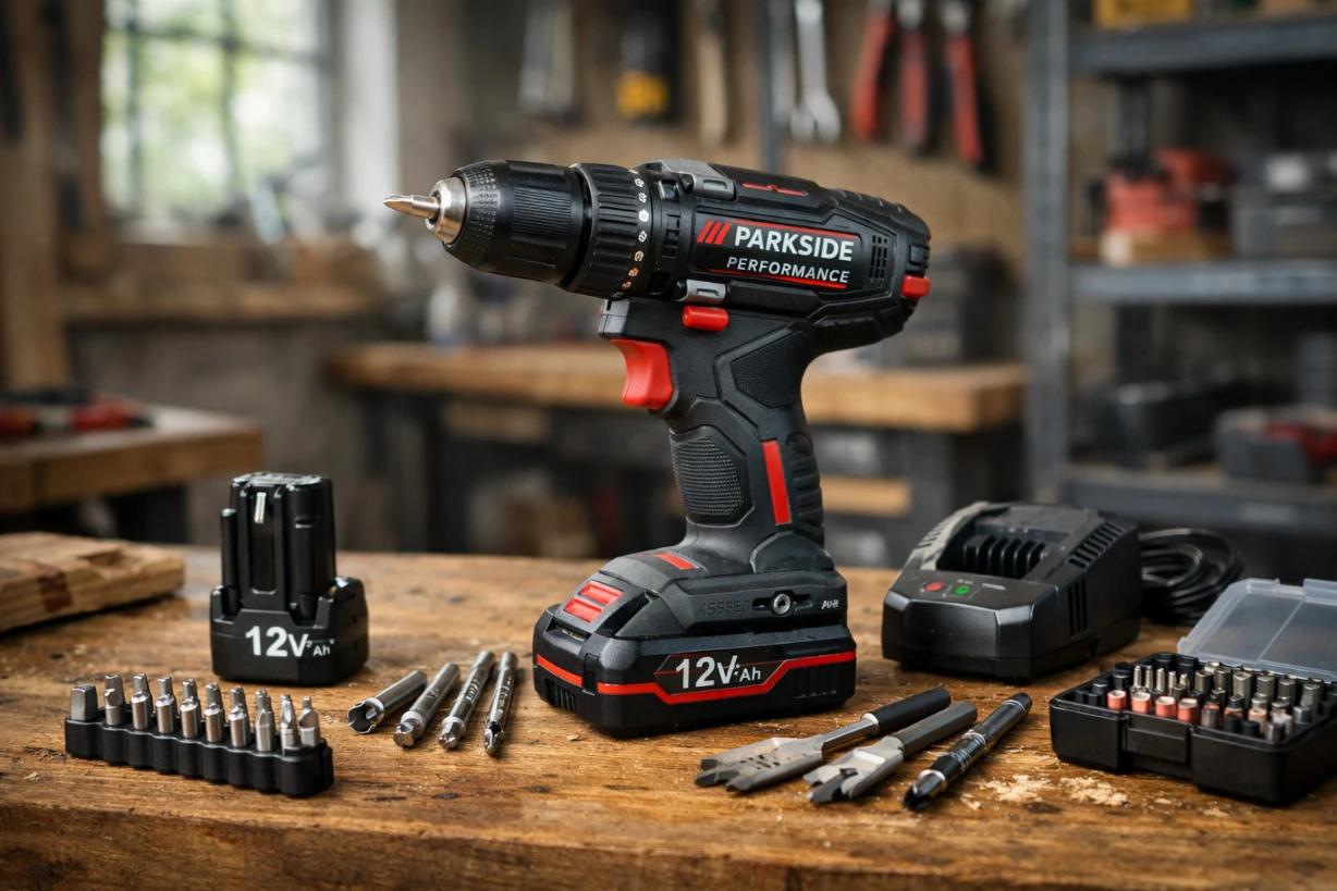 Perceuse-visseuse sans fil Parkside 12 V avec accessoires sur établi d’atelier, test produit bricolage.