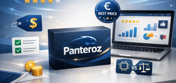 Boîte Panteroz sur bureau avec laptop affichant avis, prix et fonctionnalités dans un visuel tech moderne.
