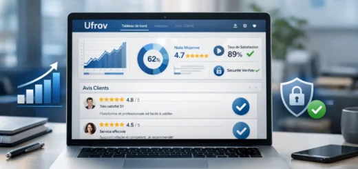 Tableau de bord Ufrov affiché sur ordinateur portable dans un bureau moderne et lumineux.
