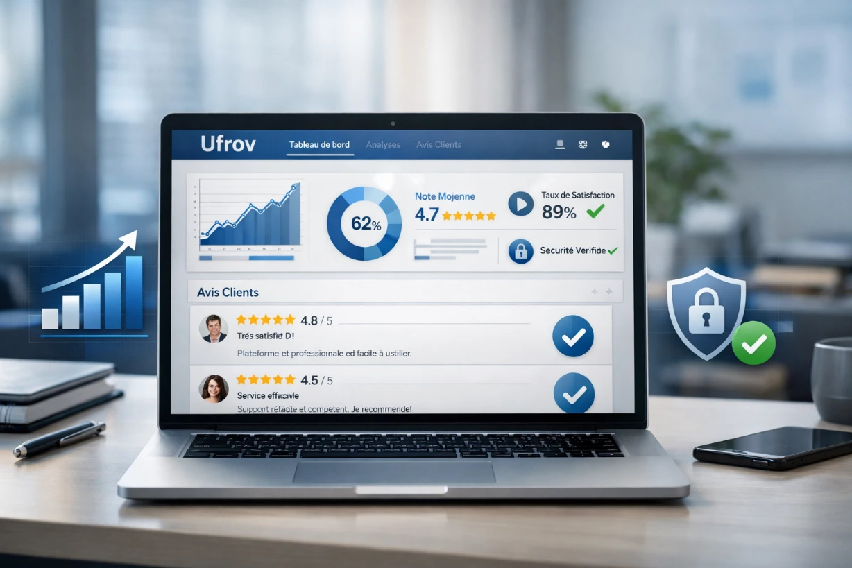 Tableau de bord Ufrov affiché sur ordinateur portable dans un bureau moderne et lumineux.