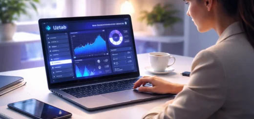 Femme professionnelle utilisant Uztab sur ordinateur avec interface futuriste dans bureau moderne.