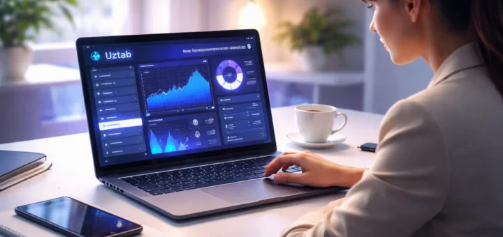 Femme professionnelle utilisant Uztab sur ordinateur avec interface futuriste dans bureau moderne.