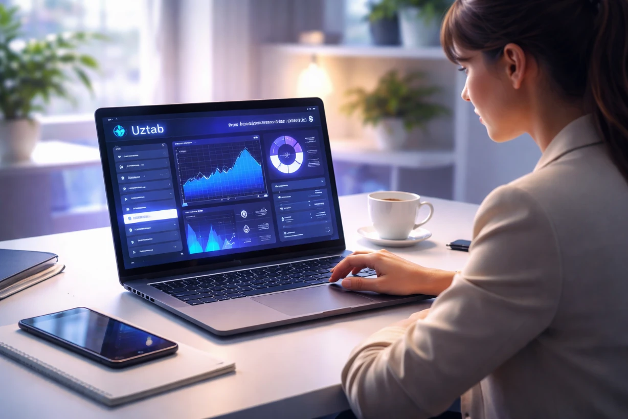 Femme professionnelle utilisant Uztab sur ordinateur avec interface futuriste dans bureau moderne.