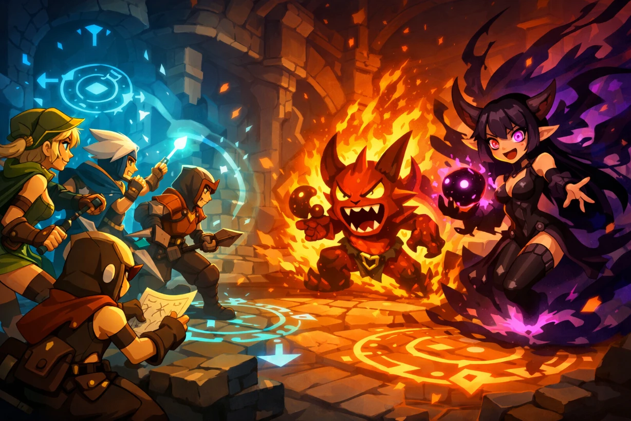 Illustration d’un combat stratégique dans Dofus contre Shushu et Lulu avec des héros lançant des sorts.