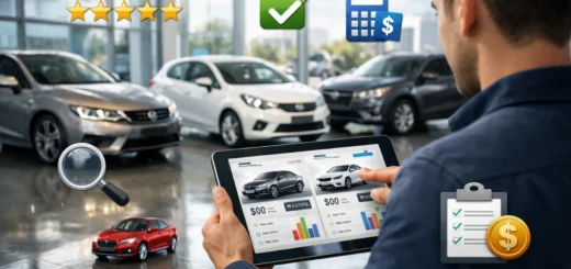 Personne comparant des voitures sur tablette dans un showroom moderne lumineux.