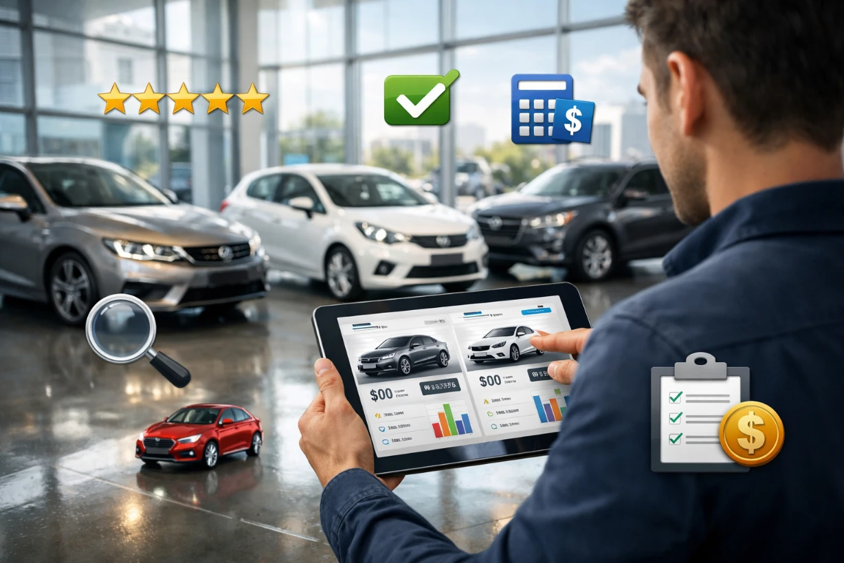 Personne comparant des voitures sur tablette dans un showroom moderne lumineux.