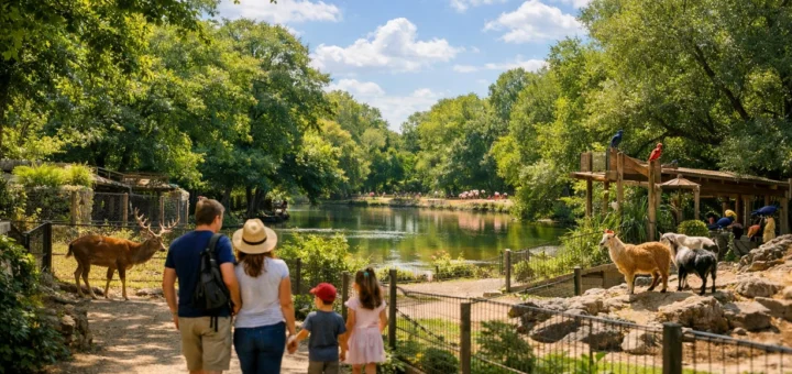 Famille se promenant au parc animalier, animaux et étang sous un ciel ensoleillé paisible.