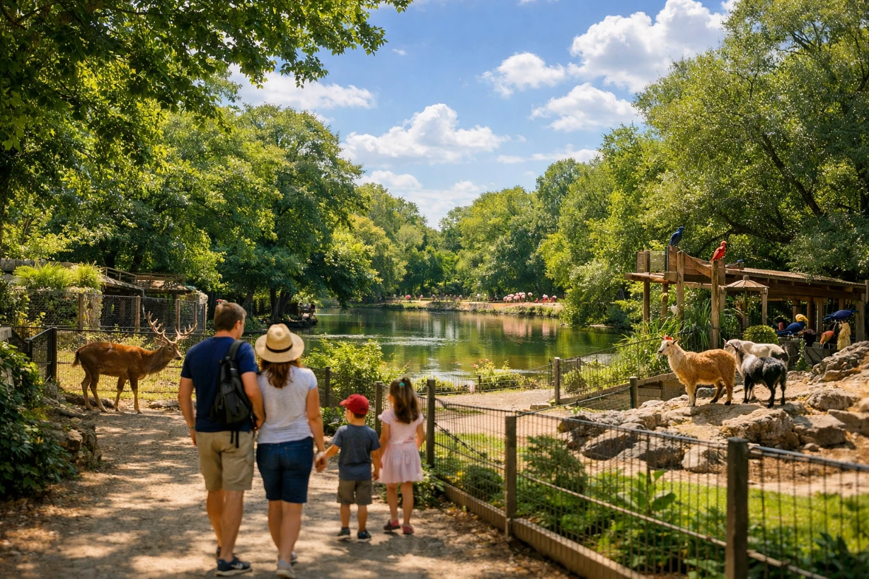 Famille se promenant au parc animalier, animaux et étang sous un ciel ensoleillé paisible.