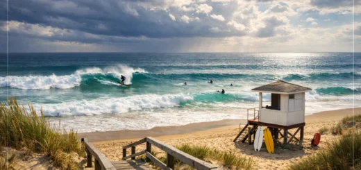 Plage des Estagnets avec vagues et surfeurs, webcam montrant météo et conditions de surf en direct.