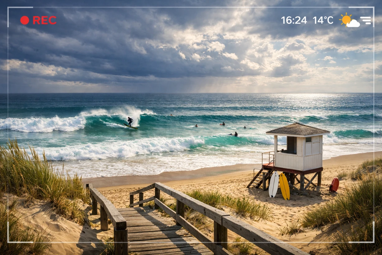 Plage des Estagnets avec vagues et surfeurs, webcam montrant météo et conditions de surf en direct.
